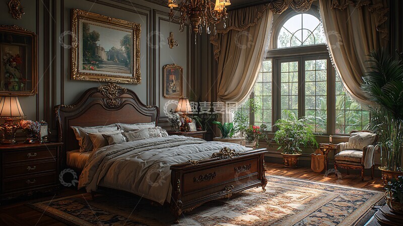 高清大图下载【趣麦麦图】古典木床与豪华窗帘2