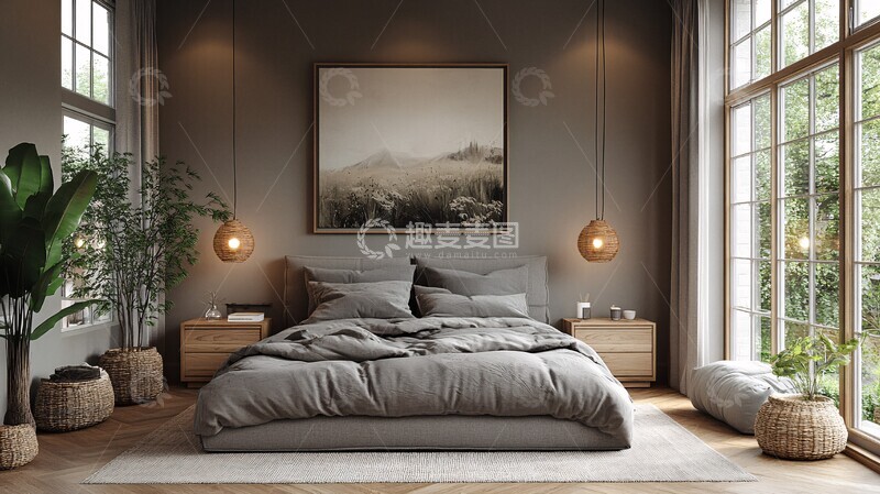 高清大图下载【趣麦麦图】灰色木床简约卧室10
