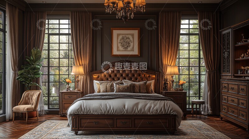 高清大图下载【趣麦麦图】古典木床与豪华窗帘