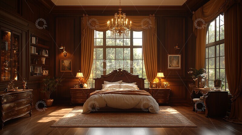 高清大图下载【趣麦麦图】古典木床与豪华窗帘1