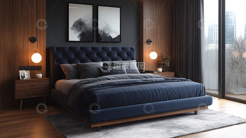 高清大图下载【趣麦麦图】蓝色床铺木质床头柜4