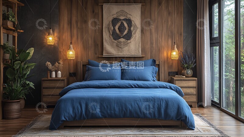 高清大图下载【趣麦麦图】蓝色木床简约卧室2