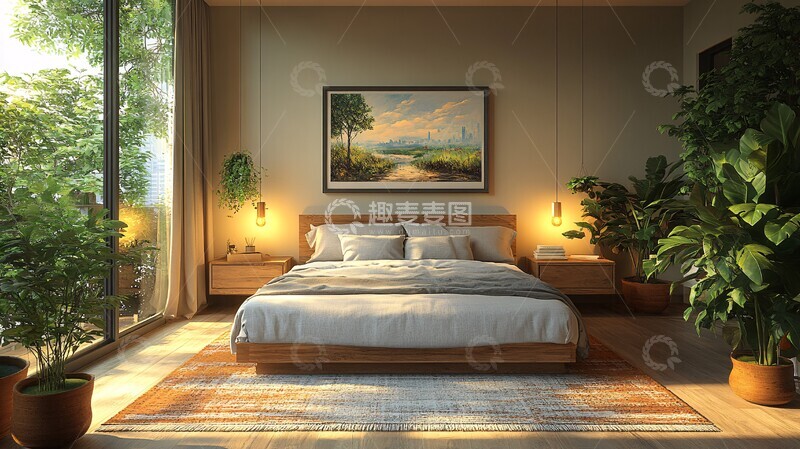 高清大图下载【趣麦麦图】灰色床铺木质床头14