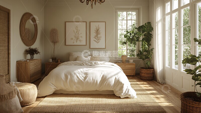 高清大图下载【趣麦麦图】白色床铺木质床头