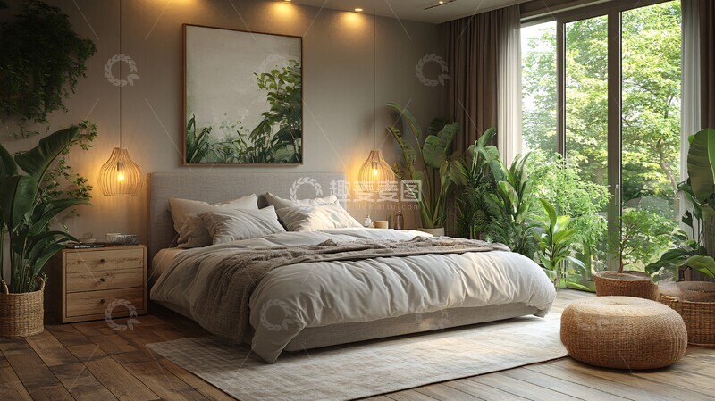 高清大图下载【趣麦麦图】灰色床铺木质床头11