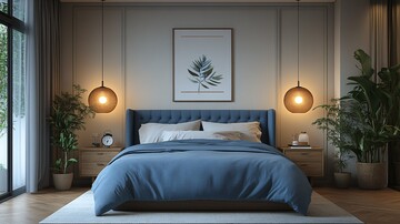 蓝色木床简约卧室1