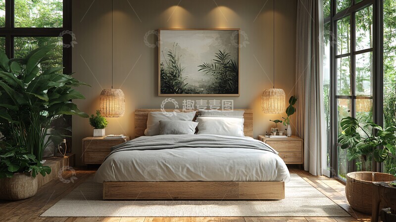 高清大图下载【趣麦麦图】灰色床铺木质床头13