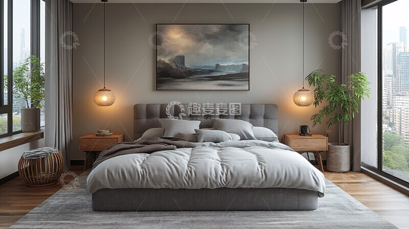 高清大图下载【趣麦麦图】灰床木桌简约卧室8