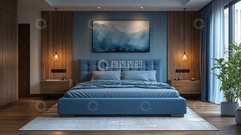 高清大图下载【趣麦麦图】蓝色床铺木质床头9