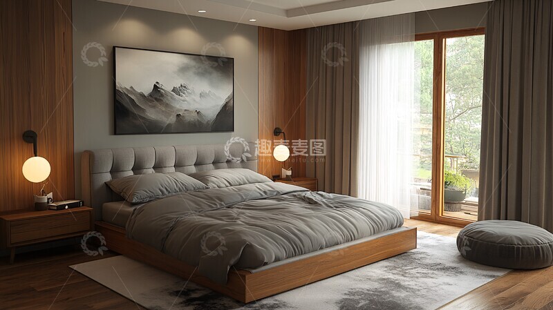 高清大图下载【趣麦麦图】灰床木桌简约卧室7