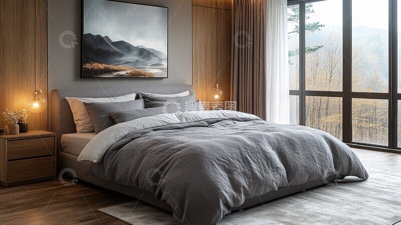 高清大图下载【趣麦麦图】灰床木桌简约卧室9