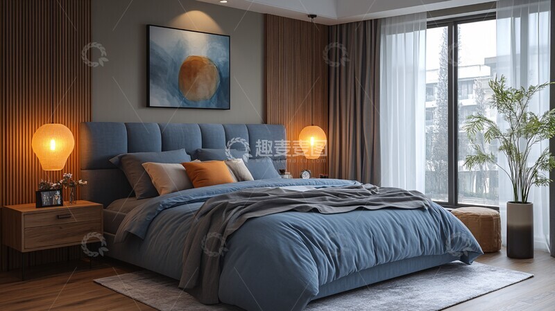 高清大图下载【趣麦麦图】蓝色床铺木质床头12