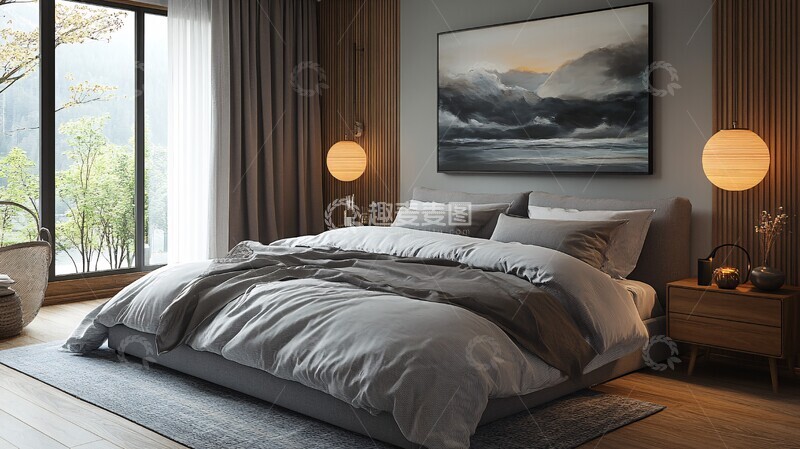 高清大图下载【趣麦麦图】灰床木桌简约卧室10