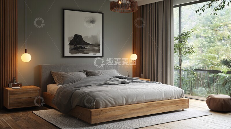 高清大图下载【趣麦麦图】灰床木桌简约卧室6
