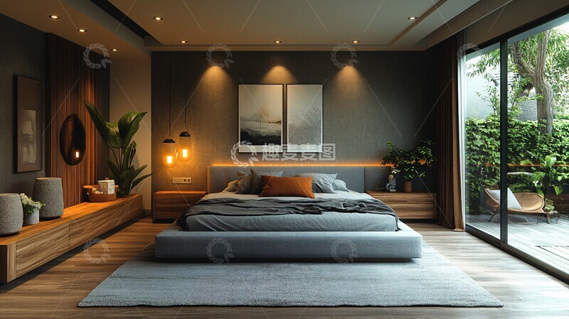 高清大图下载【趣麦麦图】灰床木桌简约卧室4