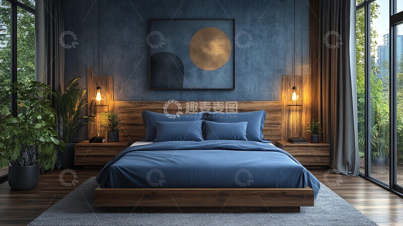 高清大图下载【趣麦麦图】蓝色床铺木质床头11