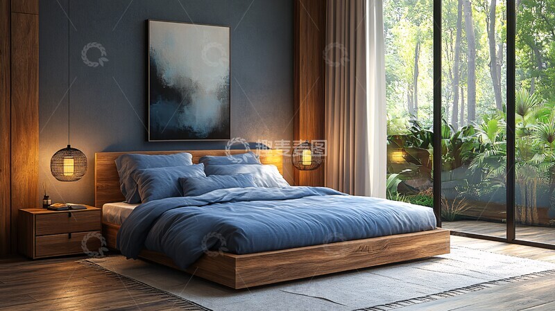 高清大图下载【趣麦麦图】蓝色床铺木质床头10