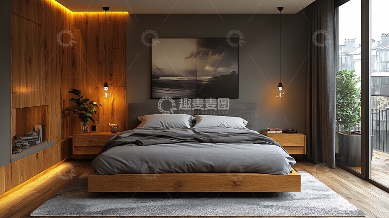 高清大图下载【趣麦麦图】灰色床与木质床头柜16