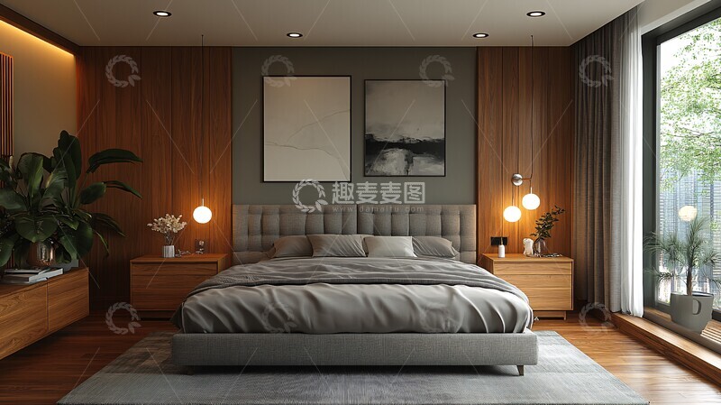 高清大图下载【趣麦麦图】灰色床与木质床头柜17