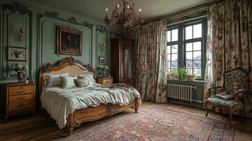 古典木床与花卉窗帘1