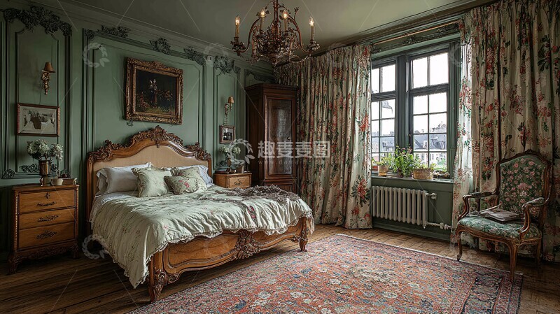 高清大图下载【趣麦麦图】古典木床与花卉窗帘1