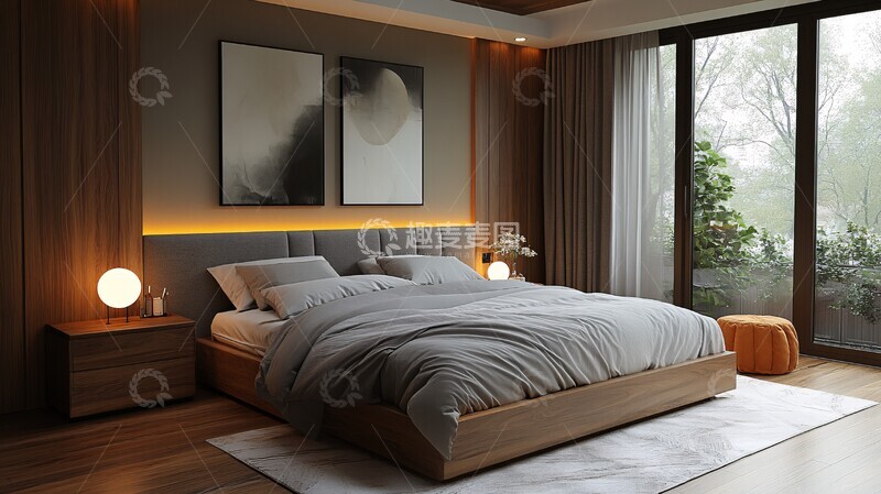 高清大图下载【趣麦麦图】灰色床与木质床头柜18