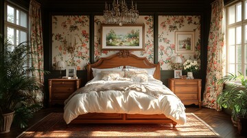 古典木床与花卉窗帘2