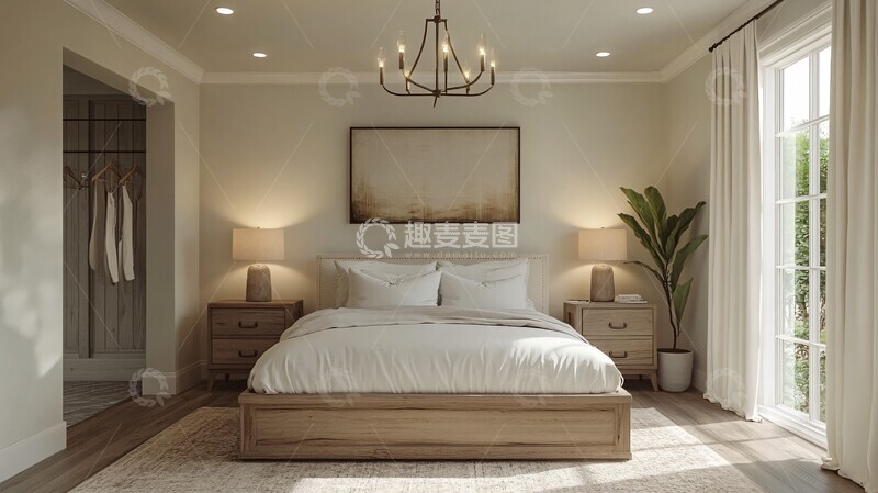 高清大图下载【趣麦麦图】白色床与木质床头柜2