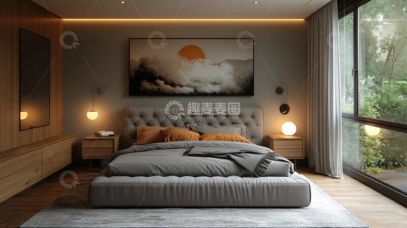 高清大图下载【趣麦麦图】灰色床与木质床头柜15