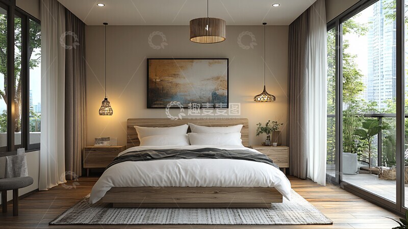 高清大图下载【趣麦麦图】白色床与木质床头柜