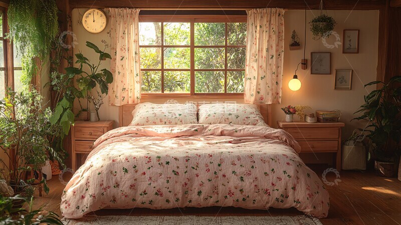 高清大图下载【趣麦麦图】粉色床铺木质床头柜2