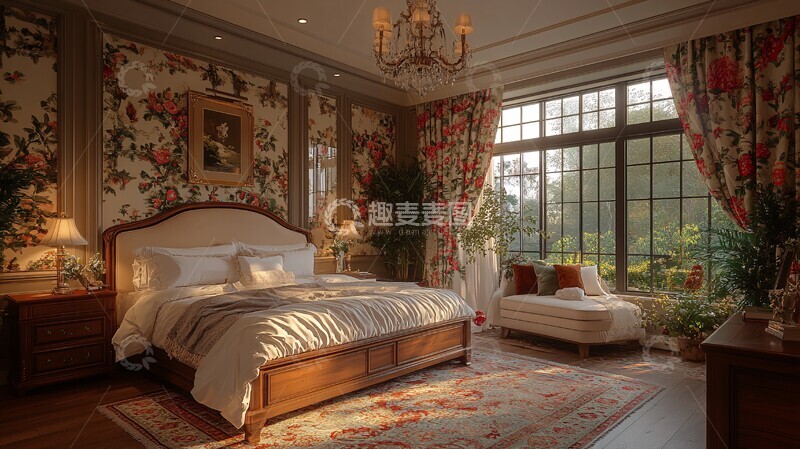 高清大图下载【趣麦麦图】古典木床与花卉窗帘