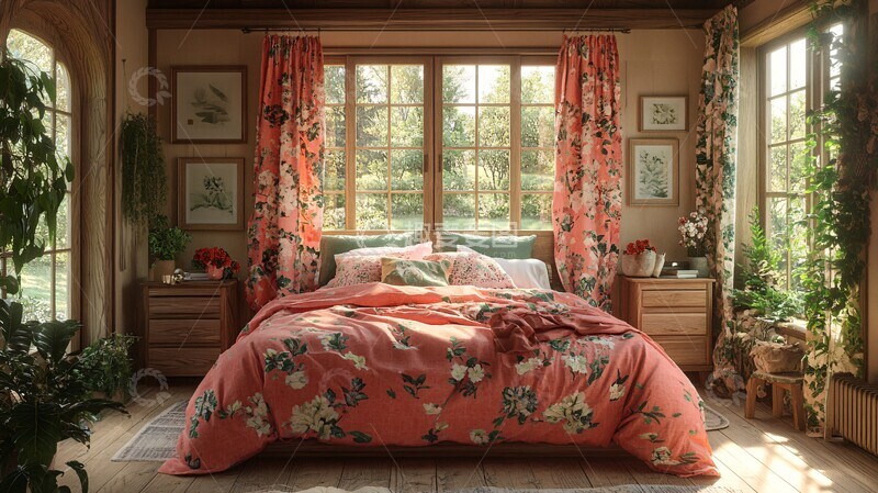 高清大图下载【趣麦麦图】粉色床铺木质床头柜1