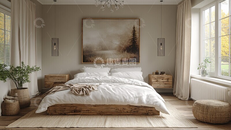 高清大图下载【趣麦麦图】白色床与木质床头柜1