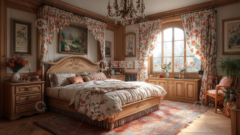 高清大图下载【趣麦麦图】古典木床与花卉窗帘3