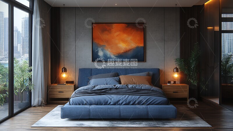 高清大图下载【趣麦麦图】蓝色木床卧室2