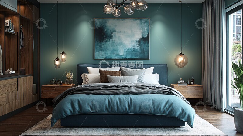 高清大图下载【趣麦麦图】蓝色木床卧室5