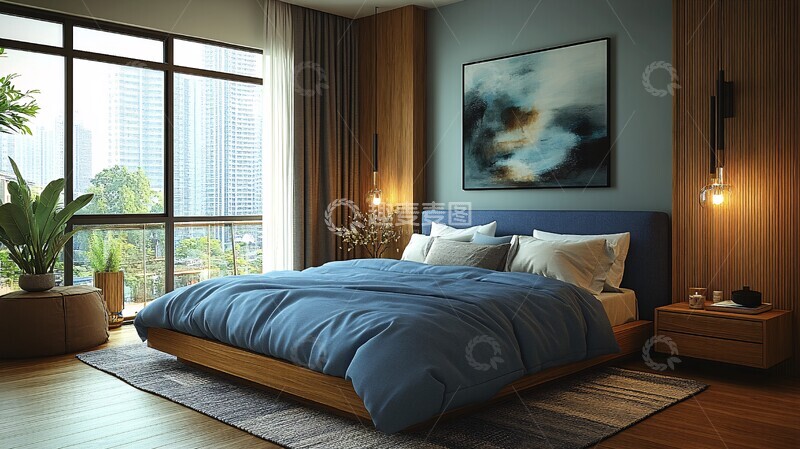 高清大图下载【趣麦麦图】蓝色木床卧室4