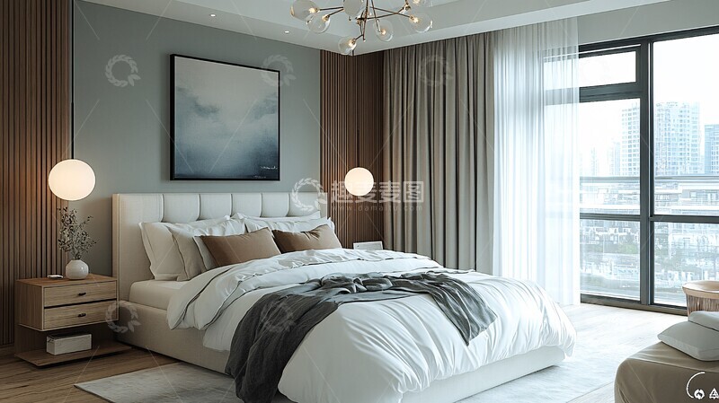 高清大图下载【趣麦麦图】白色床与简约床头柜