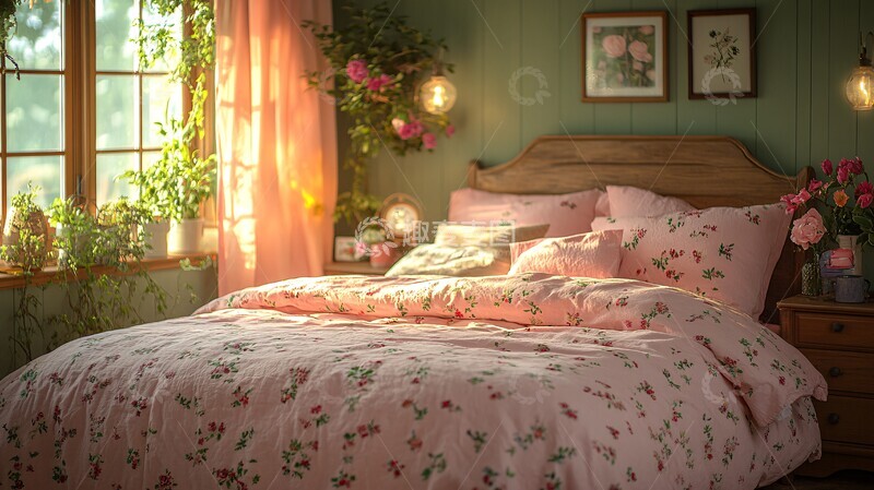 高清大图下载【趣麦麦图】粉色床与花卉窗帘1