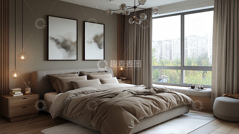 高清大图下载【趣麦麦图】灰床木桌简约卧室2
