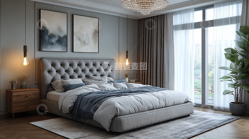 高清大图下载【趣麦麦图】灰床木桌简约卧室3