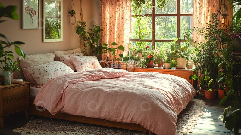 高清大图下载【趣麦麦图】粉色床与花卉窗帘