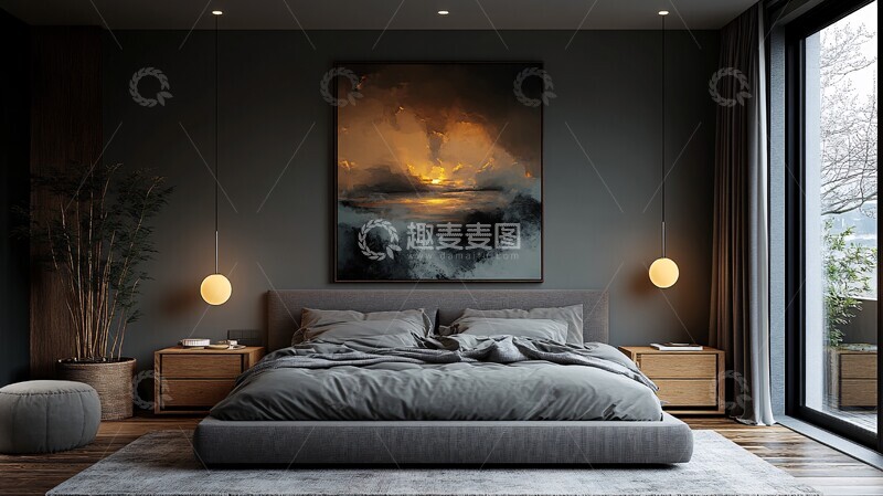 高清大图下载【趣麦麦图】灰色床木质床头柜24