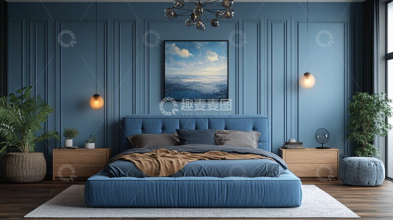 高清大图下载【趣麦麦图】蓝色床铺木质床头5