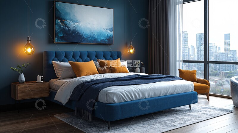 高清大图下载【趣麦麦图】蓝色床铺木质床头4
