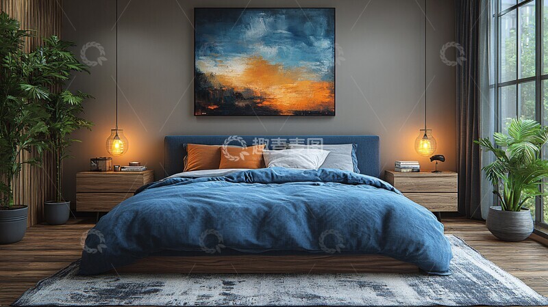 高清大图下载【趣麦麦图】蓝色床铺木质床头2