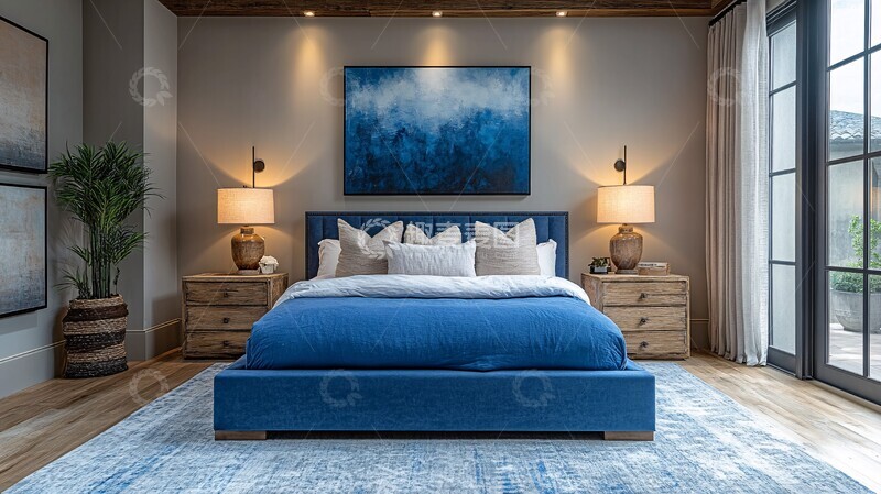 高清大图下载【趣麦麦图】蓝色床铺木质床头3