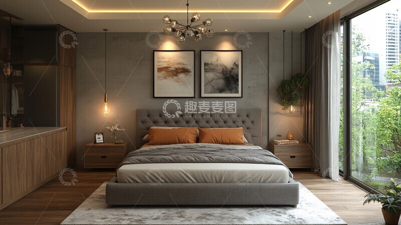 高清大图下载【趣麦麦图】灰色床现代卧室1