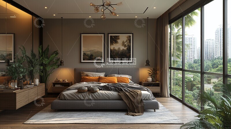 高清大图下载【趣麦麦图】灰色床木质床头